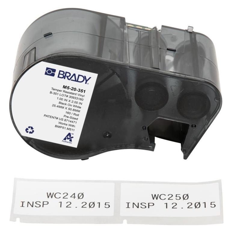 Brady M5-20-351, fälschungssicheres Vinyl, 25.40 x 50.80 mm, Schwarz auf weiss (160 E.) (170857)