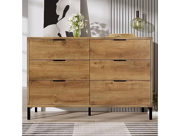 Merax Kommode,Eichenholz Sideboard: Kommode mit 6 Schubladen in Dunkle Eiche - Industrielles Design für alle Wohnräume 120 x 40 x 76 cm