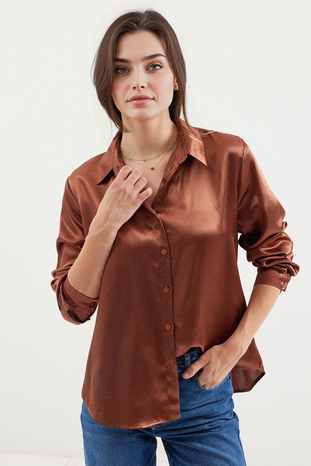 Satin Langarm Hemd mit Knopfleiste