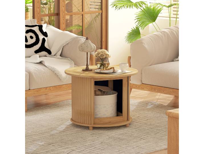 HOMCOM Table Basse Ronde Bambou Ø60cm avec Rangement Caché
