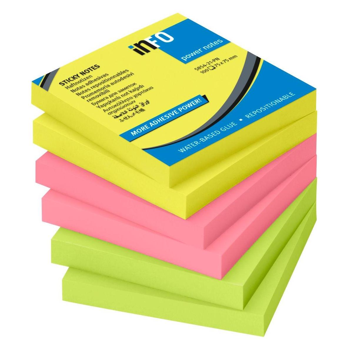 Info notes Haftnotizen Power Notes, 75 x 75 mm, Brillantmix extra starke Klebkraft, 80 Blatt/Bloc... (75 x 75 mm) (5854-21-PN)