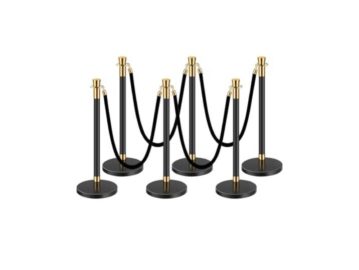 VEVOR Poteau de guidage\, 6 pcs\, barrière de balisage pour contrôle de foules\, avec base creuse\, 4 cordes en velours noir et poteaux noirs en acier inoxydable pour théâtre\, mariage\, fournitures de fête
