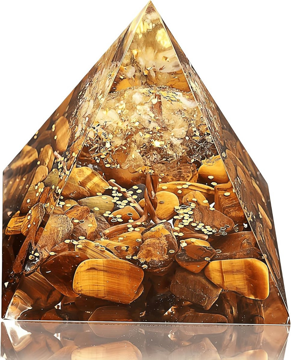 Orgone Levensboom Piramide met Citrien en Tijgeroog voor Positieve Energie en Chakra Balans