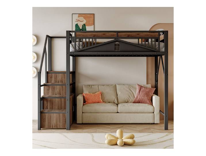Flieks Hochbett Metallbett Kinderbett 140x200cm mit Stauraumtreppe und Sicherheitszaun
