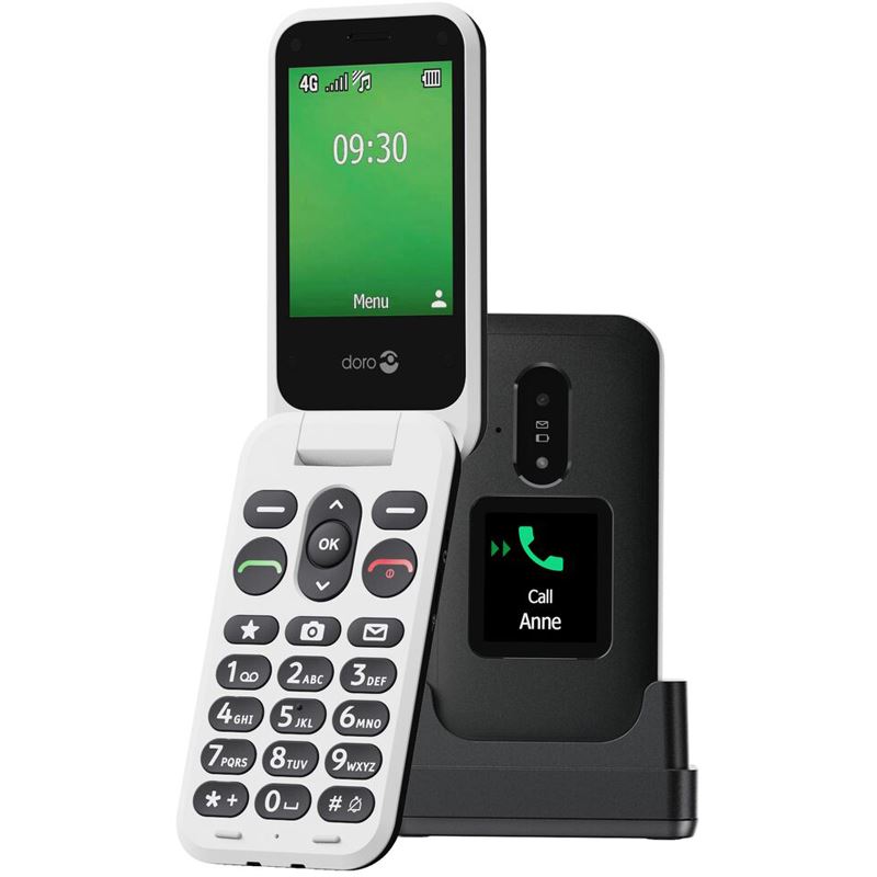 doro Leva E30 - schwarz-weiß 4G Klapp-Mobiltelefon mit separatem Außendisplay, Secure-Button, HD-Voice, Hörgerätekompatibilität