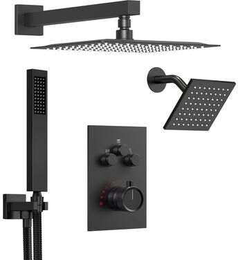 "GRANDJOY 3-Function Thermostatic Shower System with 12"" Rainfall Showerhead Handheld Sprayer and Wall Mount Head"