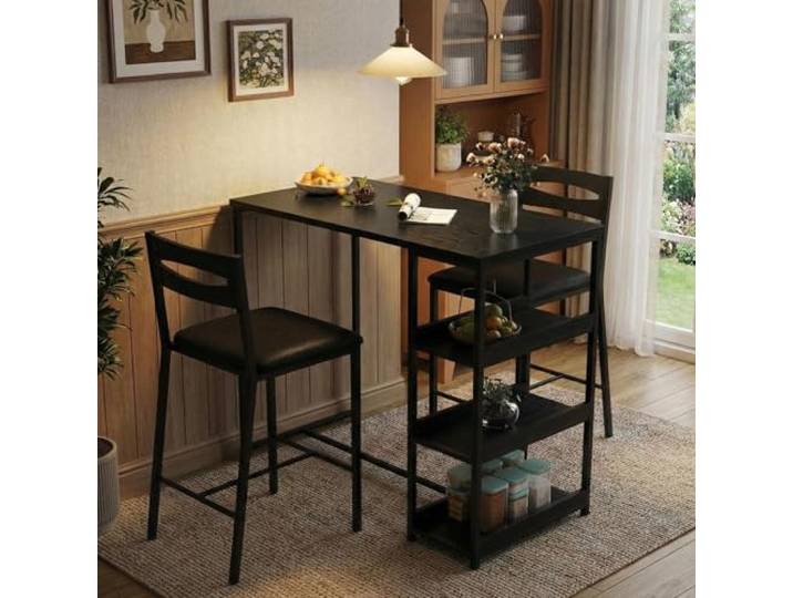 Litake Esstisch Set Für 2 Mit 3 Aufbewahrungsregalen, Küchentisch & Stühle Für 2 Polsterstühle & Dicke Holzplatte, 3-Teiliger Esstisch Set Für Kleinen Raum, Wohnung, Studio, Schwarz