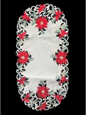 Jiallo Christmas Poinsettia Embroidered Cutwork Rectangular Table Runner, 13 by 27 inch
