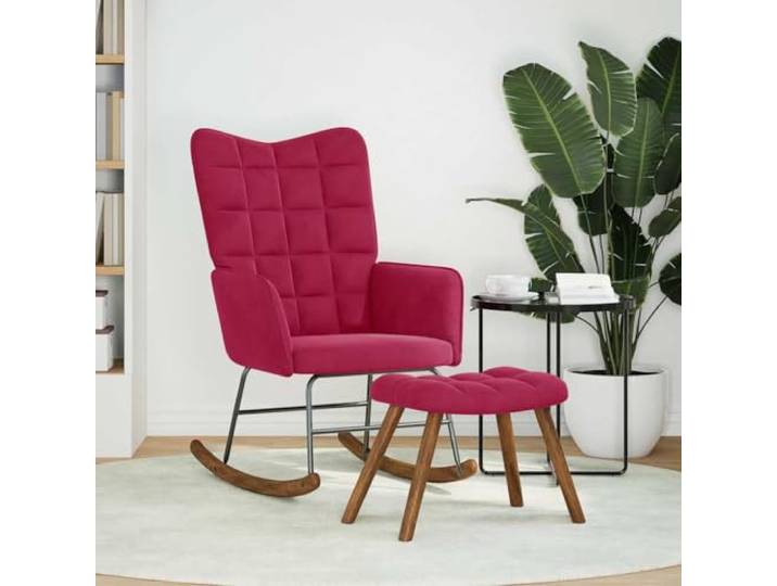 NLQMSU Schaukelstuhl, Velours, Bordeauxrot, mit Fußstütze Rahmen aus Sperrholz und Metall, gepolsterte Rückenlehne, Armlehnen, Füße aus Holz, für Wohnzimmer und Schlafzimmer