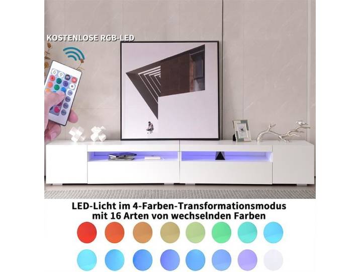Dripex Meuble TV Blanc moderne Armoire TV éclairage LED variable 6 compartiments pour salon 240X39X35CM
