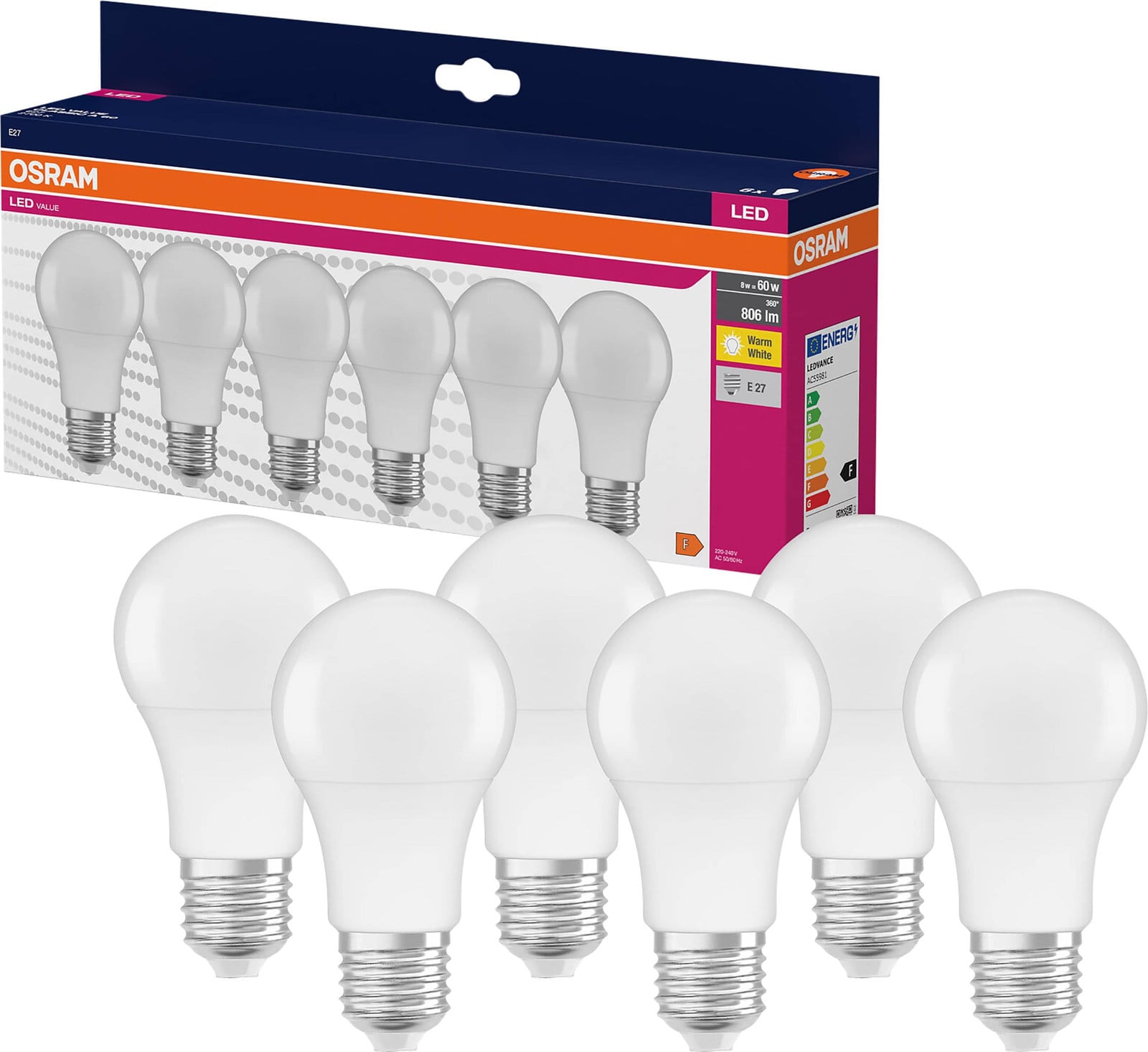 Osram Homelighting LED Lamp E27 Warm Wit 8W (60W) Monochroom 6 stuks Diameter: 6 cm, Hoogte: 6 cm