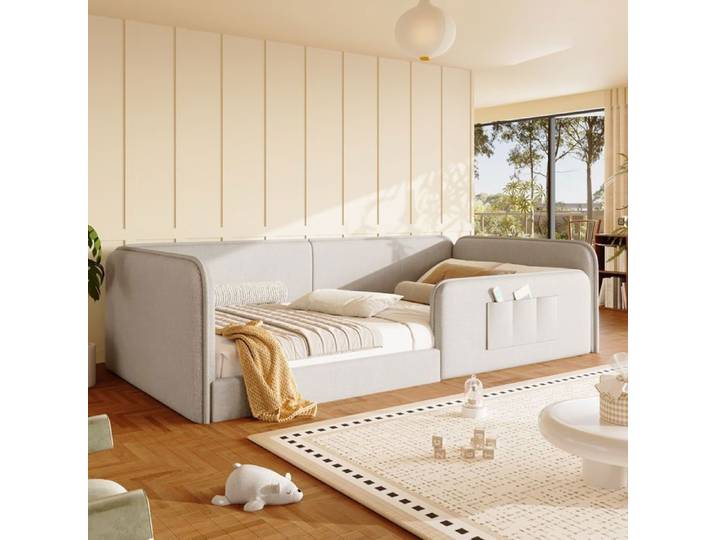 Lit enfant 90x200 cm Lit capitonné en lin avec cadre de sécurité rembourré beige