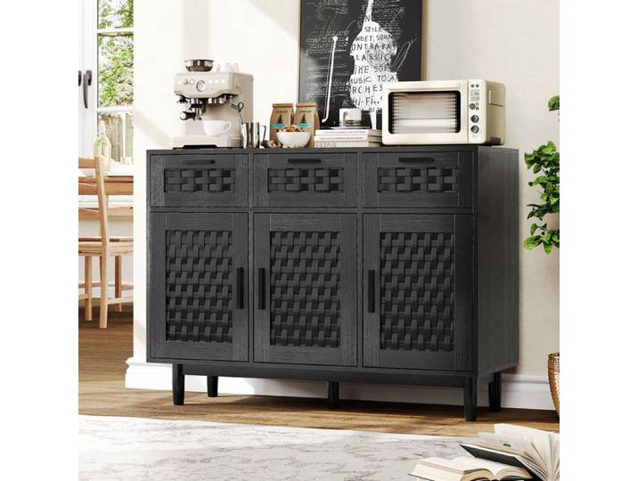 Buffet noir pour salle à manger - 3 tiroirs de rangement ainsi que des casiers - Meuble pour salon ou cuisine - 108 x 40 x 80 cm