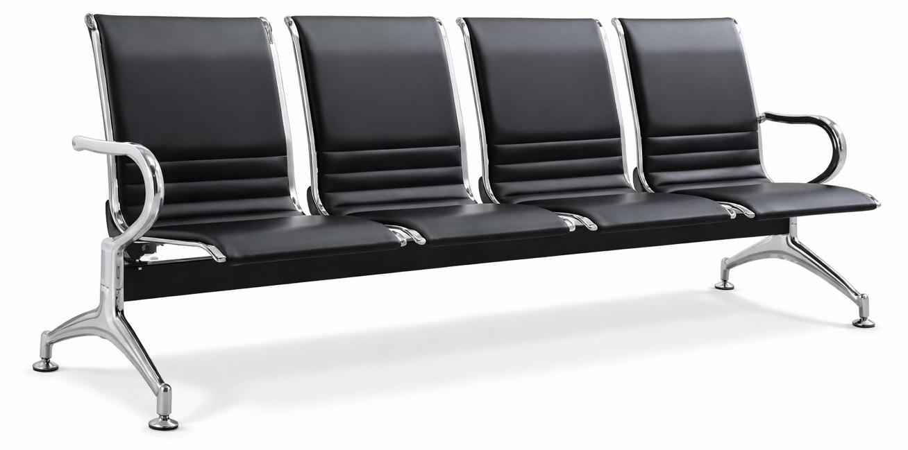 Elegante Vier-Sitzer-Wartebank mit schwarzem Leder und Chromrahmen