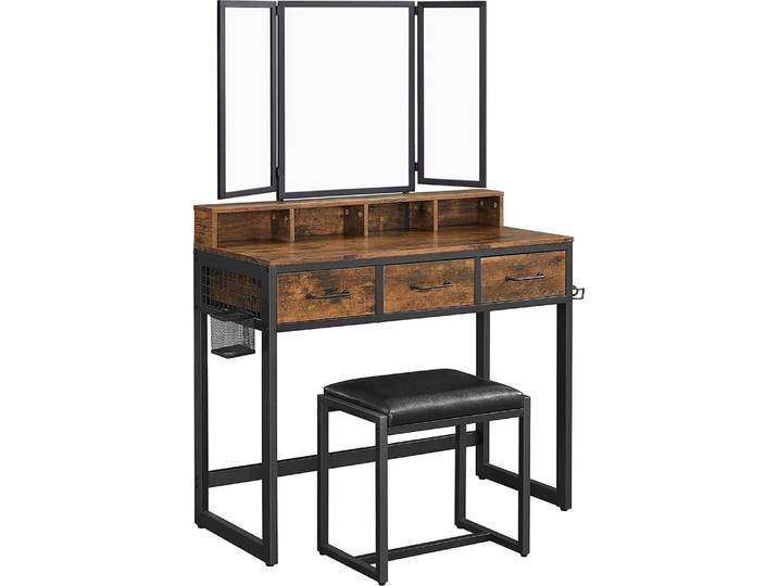 Coiffeuse cosmétique\, grand miroir dépliant\, tabouret