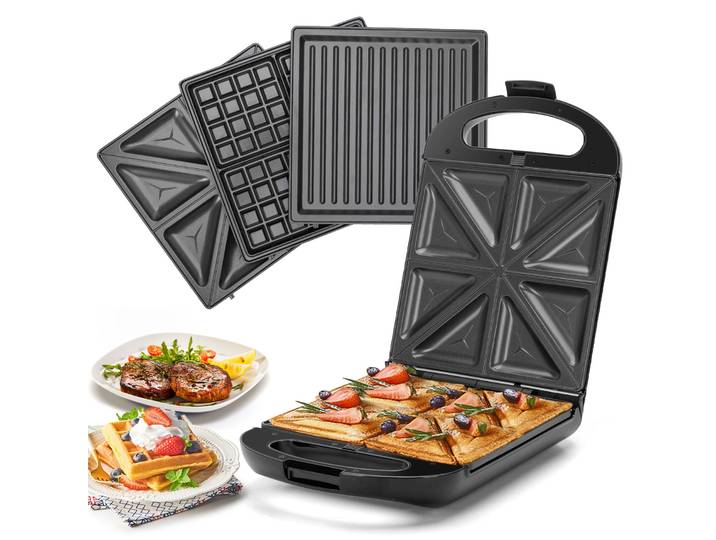 TAYLOR SWODEN Machine à sandwich 3 en 1, gaufrier, plateau de cuisson, 1200 W, pour 4 sandwichs, plateau antiadhésif amovible, 180 ° rotation