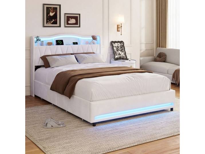 Lit double - URBANLUXE - Lit 140x200 cm - Tissu velours beige - LED intégrée - 4 tiroirs