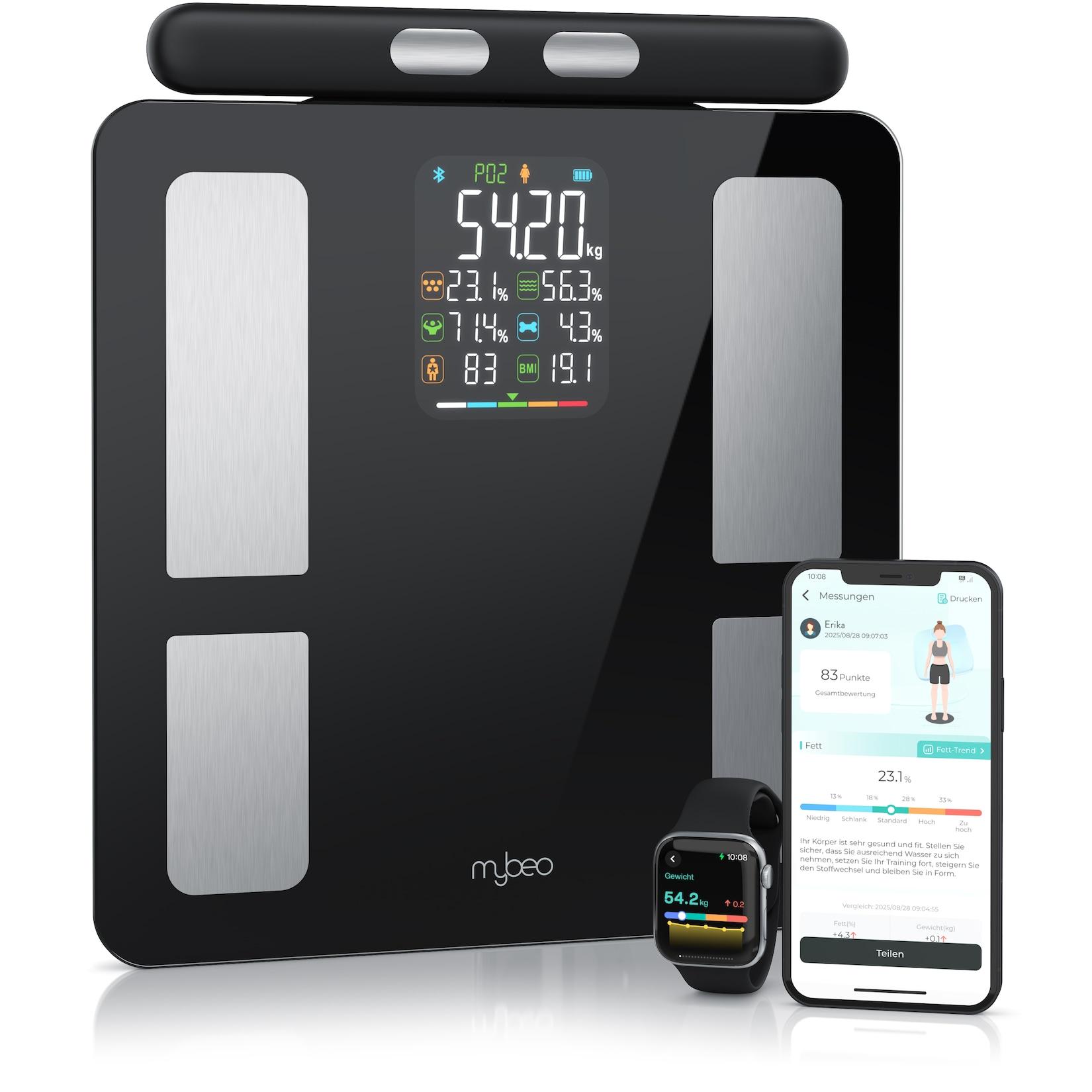Mybeo Körper-Analyse-Waage Digitale Bluetooth Körperfettwaage, Handgriff-Messung & App-Steuerung, 1-tlg., Diagnosewaage, BMI, Körperfett