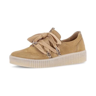 Plateausneaker GABOR, Damen, Gr. 40, Leder Textil, beige (sattel, naturgrün), Ziegenveloursleder, Schuhe Plateausneaker, Slip-On Sneaker, Slipper, Schnürschuh mit aufgesetzter Schnürung