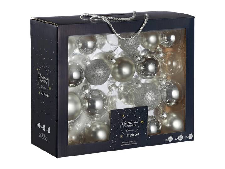 Christbaumkugel-Set, Silberfarben, Glas, 42-teilig, 5 cm,5 cm Schubladen, 7.00x7.00x7.00 cm, Dekoration, Weihnachtsdekoration, Christbaumschmuck, Weihnachtskugeln