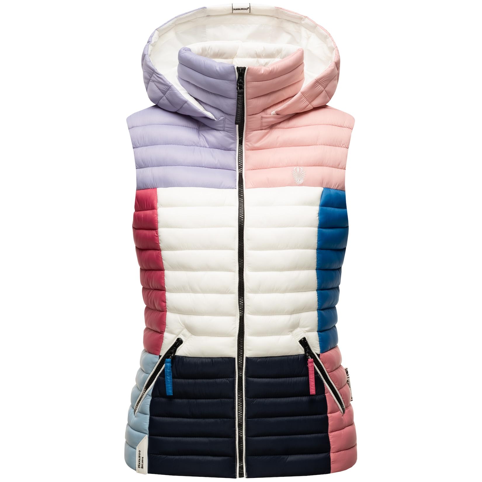 NAVAHOO Damen Steppweste Ärmellose Weste im Colourblocking-Stil und Kapuze Shadaa Multikulti