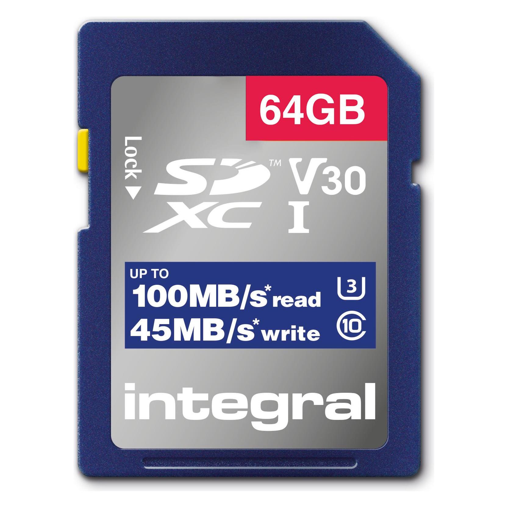 Integral INSDX64G-100V30 64GB SD CARD SDXC UHS-1 U3 CL10 V30 UP TO 100MBS READ 45MBS WRITE UHS-I (64 GB, SD, SDXC, U3, UHS-I) (INSDX64G-100V30)