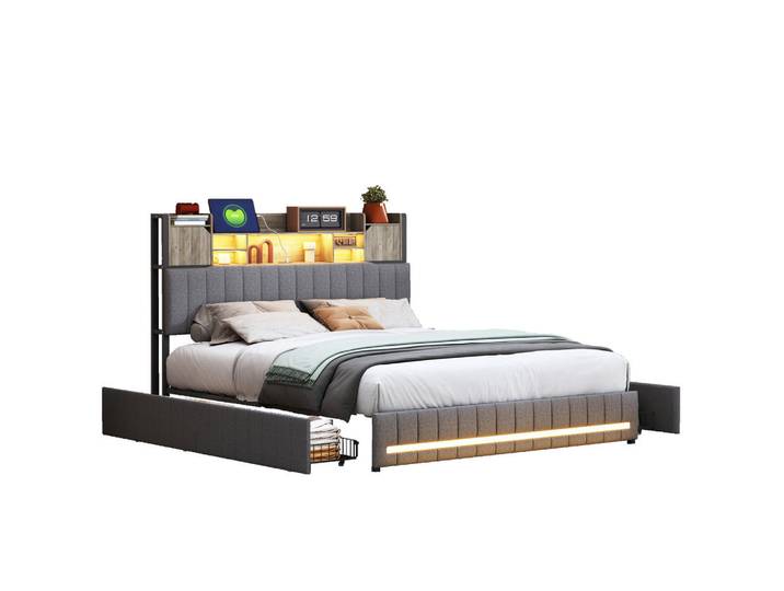 Shopentra Polsterbett 160x200 Grau 4 Schubladen, 160x200 cm, Schlafzimmer, Betten, Polsterbetten