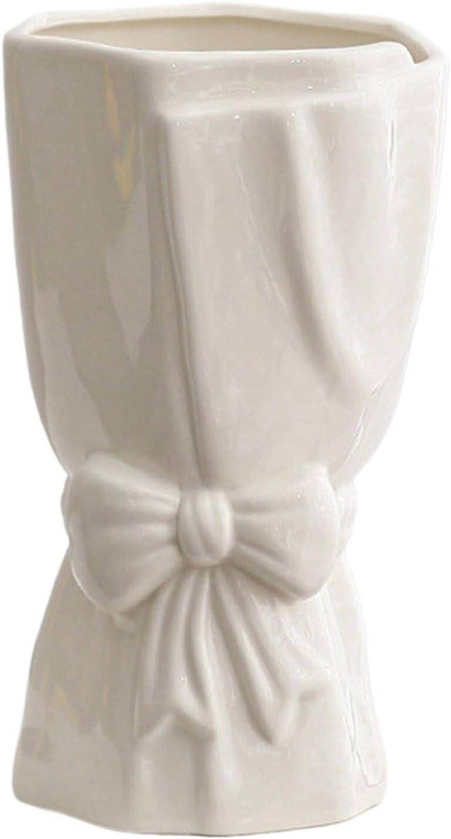 Wit Keramische Vaas met Unieke Boogvorm, Hoogte: 18,5 cm