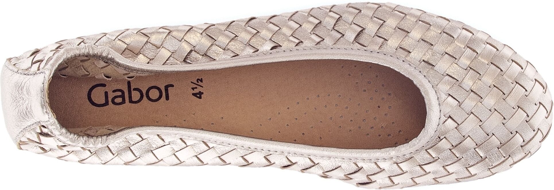 Ballerina GABOR, Damen, Gr. 38,5, ungefüttert, gold (goldfarben), Glattleder, geflochten, metallic, Schuhe Ballerina, Schlupfschuh, Frühlingsschuh, Businessschuh mit tollem Flechtmuster goldfarben 38,5, ungefüttert