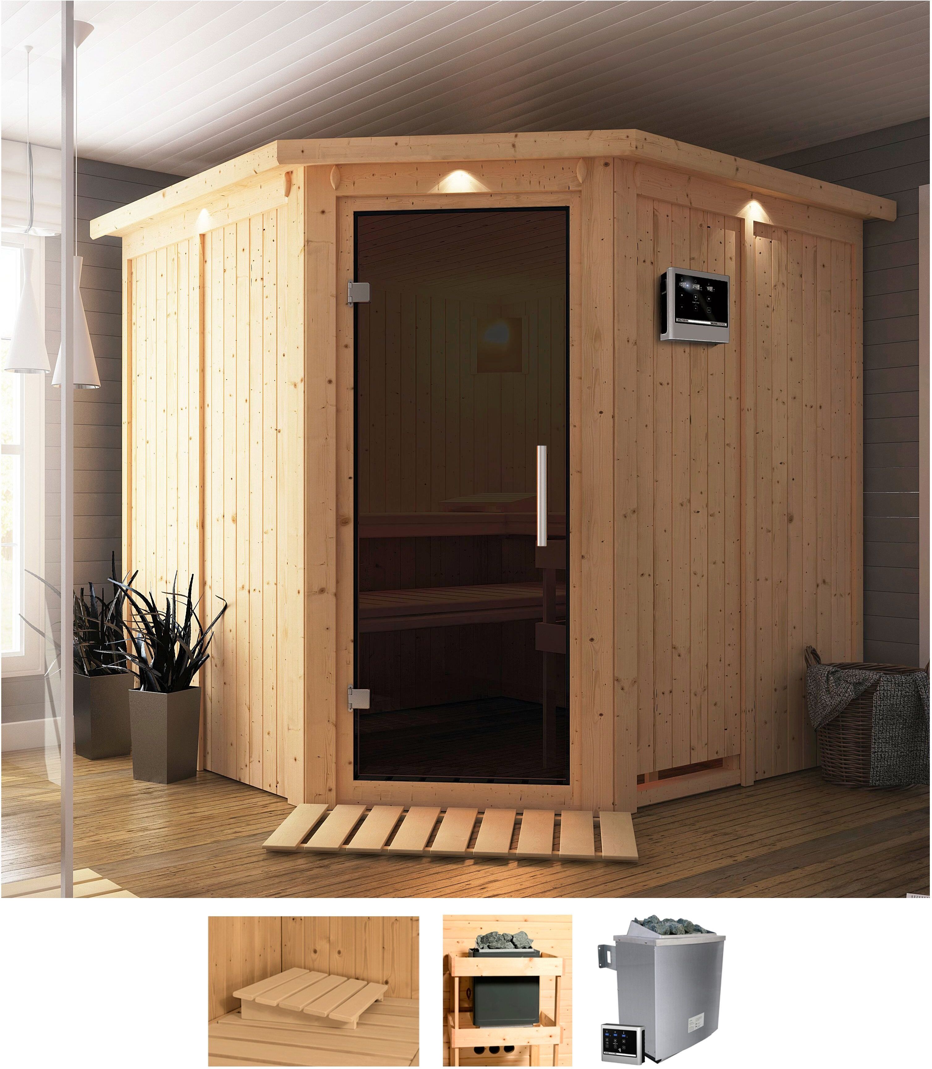 Sauna KARIBU "Jarin", beige (naturbelassen), Saunaofen, externe Steuerung, 9 kW, Saunen, Sauna, 9-kW-Ofen mit externer Steuerung