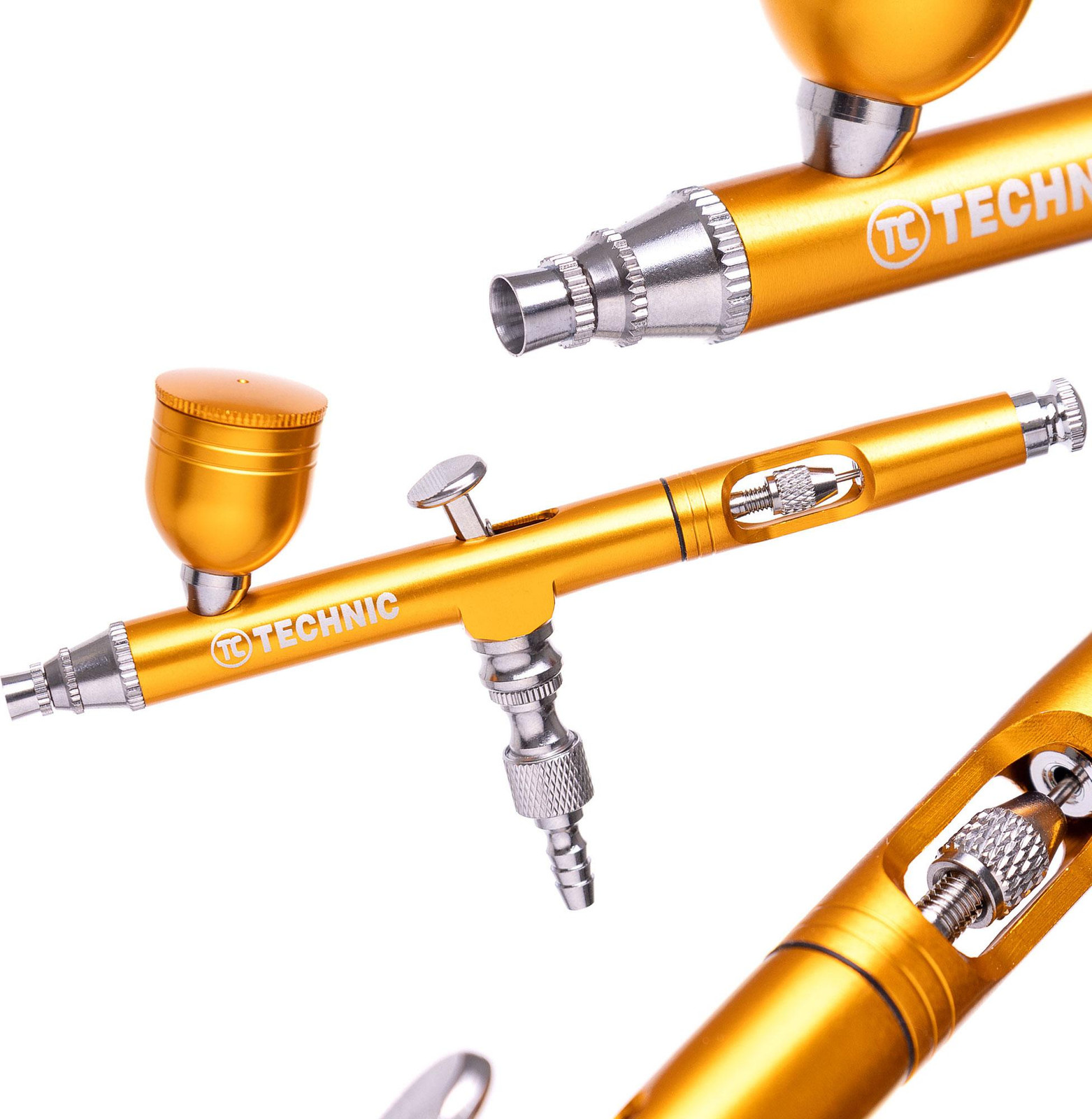 TC Technic Mini-model airbrush B-130 met 0,3 mm spuitmondstuk, dubbelwerkend, goudkleurig