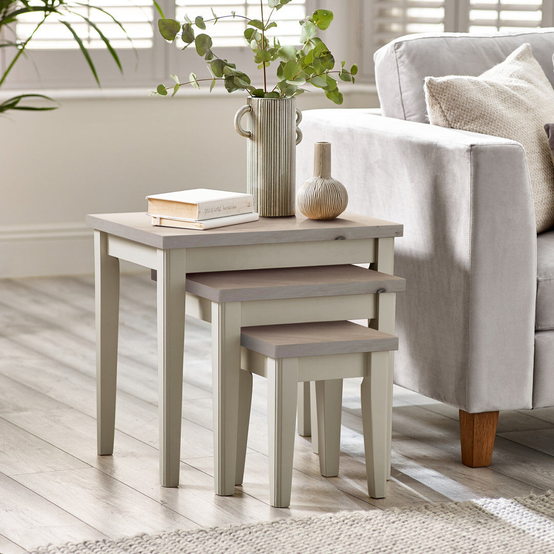 Ophelia & Co. Sodhi Solid Wood 3 Piece Living Room Table Set - Traditional Farmhouse Cottage Nesting Tables Whitewash 52cm H X 55cm W X 40cm D