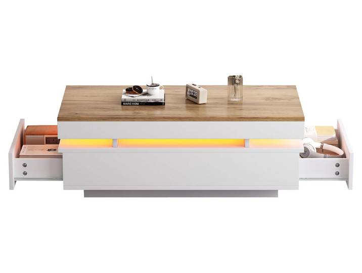SeedWave Couchtisch Rechteckiger Sofatisch im Hochglanz mit LED-Beleuchtung, Stauraum, Bodenstehende Konstruktion