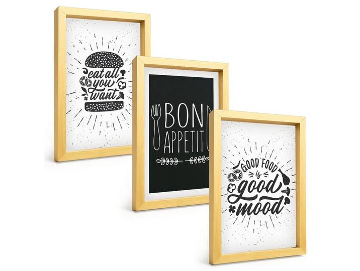 BILDER SET 3er Set - 20x30 cm Goldrahmen - Grafiken, Lebensmittel, kulinarische Slogans