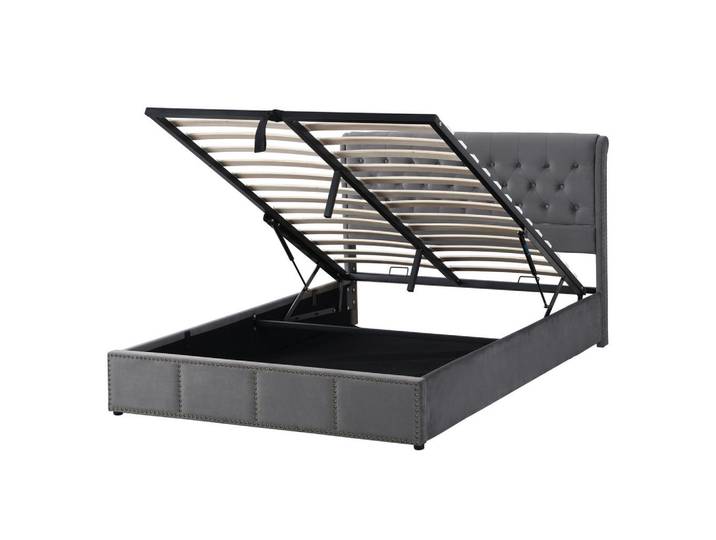 Shopentra Polsterbett 160x200 Grau Samt Nietendekor höhenverstellbar, Metall, 160x200 cm, Schlafzimmer, Betten, Polsterbetten