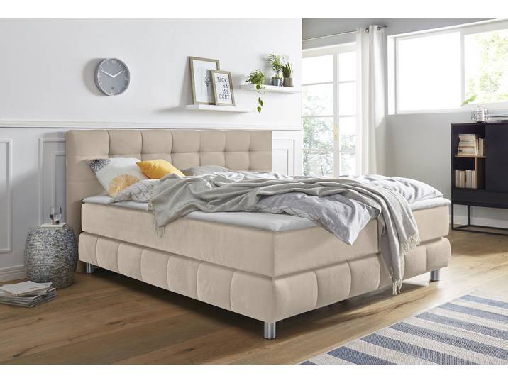 Boxspringbett, Beige, 214x211 cm, 100% Polyester, Mit Topper, Skandinavisch, andas
