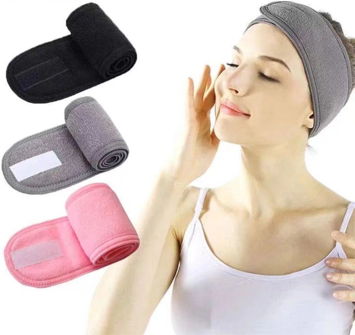 INF (3er-Set) Elastische Baumwoll-Stirnbänder mit Klettverschluss für Make-up, Sport und Yoga — Dickes beidseitig weiches Schwarz