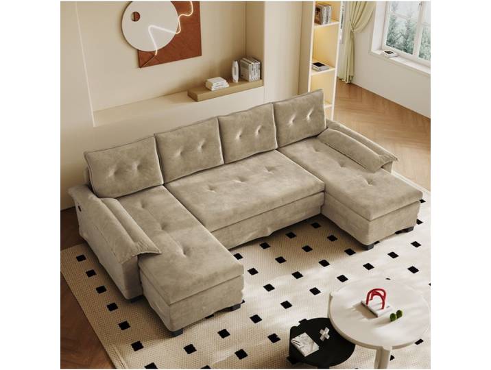 Canapé-lit sectionnel U 278 cm lit escamotable ports USB accoudoirs amovibles XXL camel