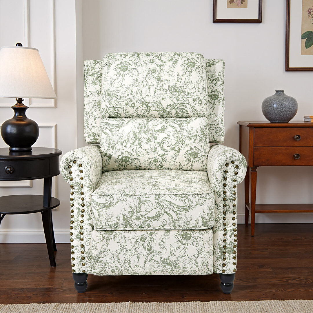 Pia Ricco Ameiah Upholstered Farmhouse Manual Push Back Recliner with Solid Wood Legs Rococo Green 103.6cm H X 89.7cm W X 84.8cm D