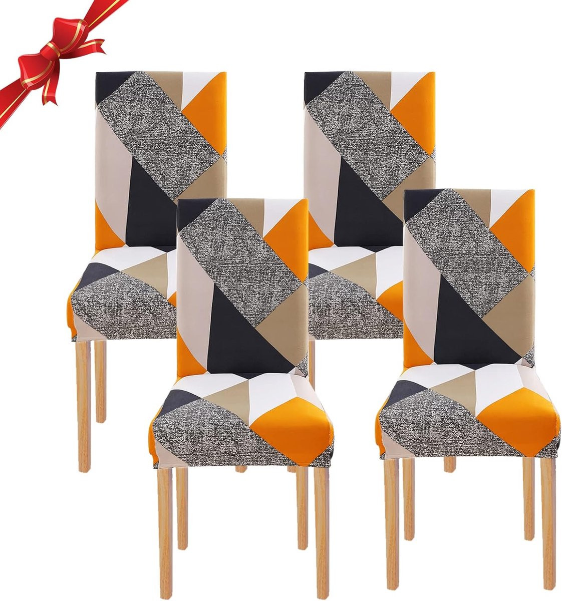 Vierdelige set elastische eetkamerstoelhoezen met geometrisch patroon