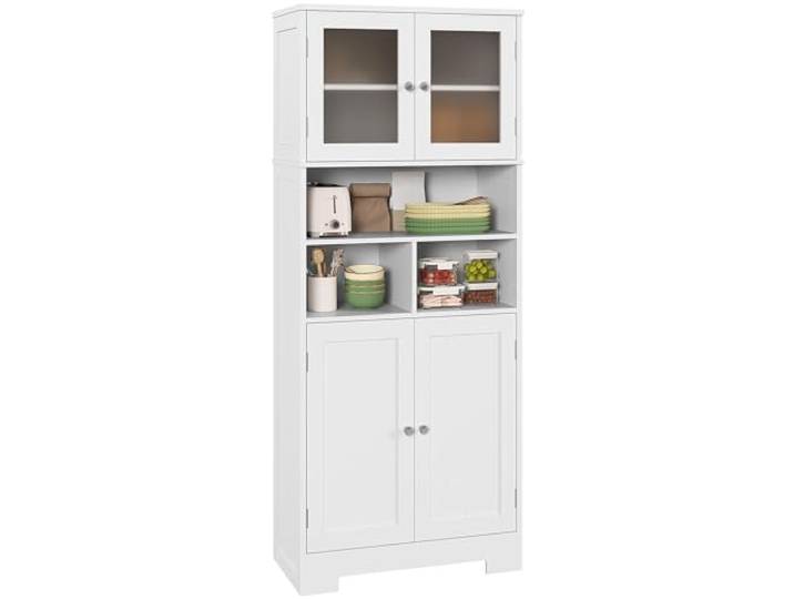 HOMCOM 57 Küchenvorratsschrank Modern Freistehend Glastüren Weiß Geschirr, 4 Türen, verstellbare Regale, Glastüren, Aufbewahrungsmöbel für Wohnzimmer, Esszimmer