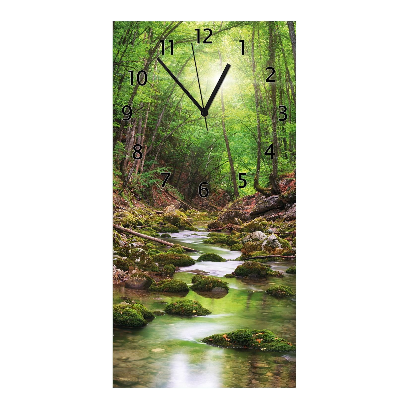 Wallario Uhr 30 x 60 cm, weiße Zeiger Fluss im Wald
