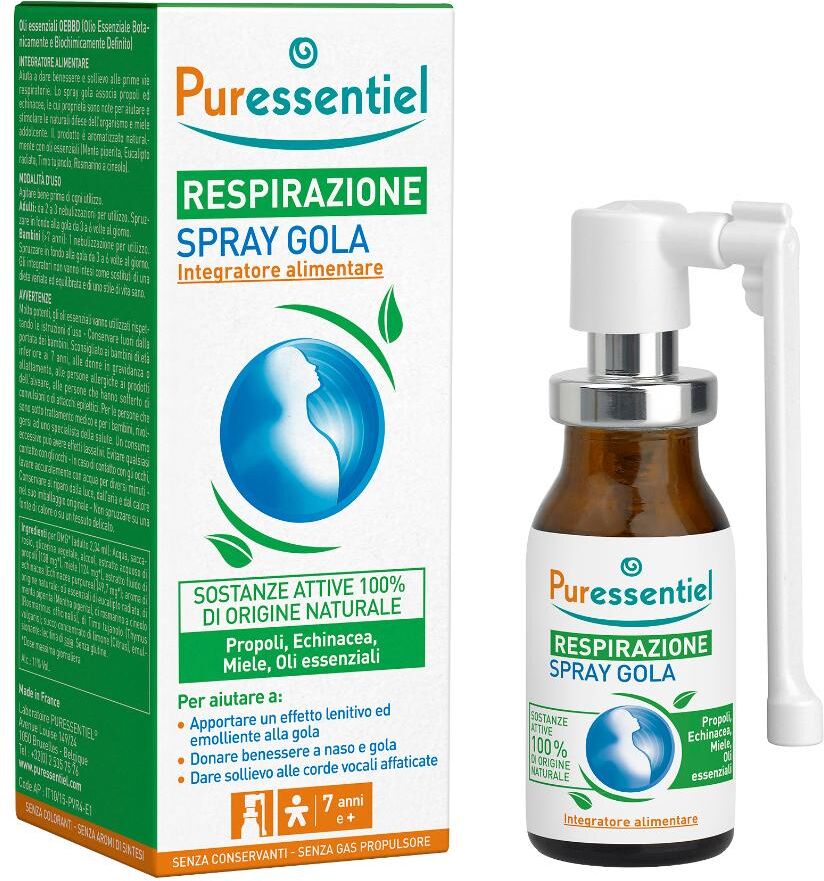 PURESSENTIEL ITALIA Srl Puressentiel Respirazione Spray Gola ai 4 Oli Essenziali, 15ml – Benessere Naturale per la Gola e Vie Respiratorie