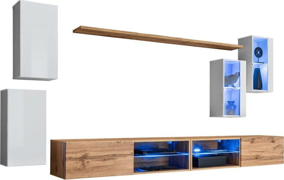 Meublorama Set woonkamermeubels SWITCH XXV met LED – Wit en Eiken – Design wandcompositie