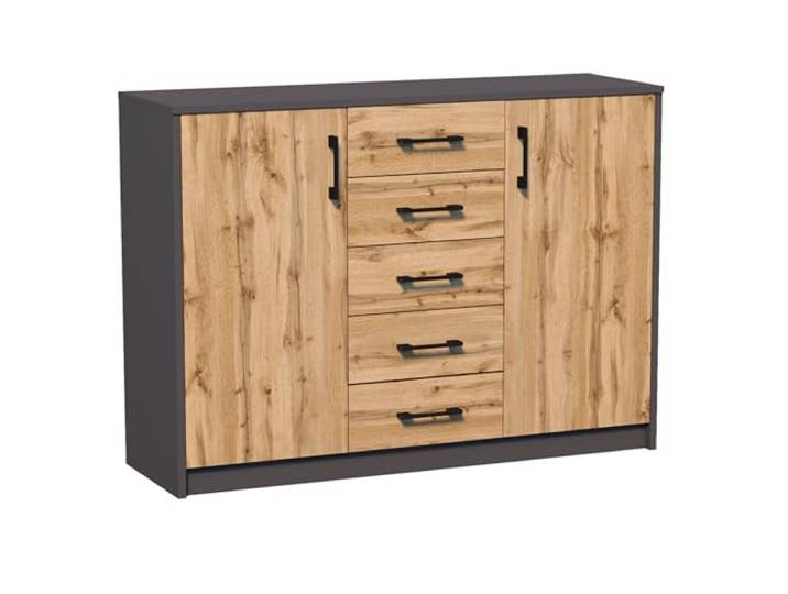 Home Collective Kommode mit 5 Schubladen und 2 Türen in matt Kommode 110cm breit mit hochwertigen Polymergriffen Holz Schrank Kommode mit Schubladen Aus laminierter Platte gefertigt Graphit Eiche