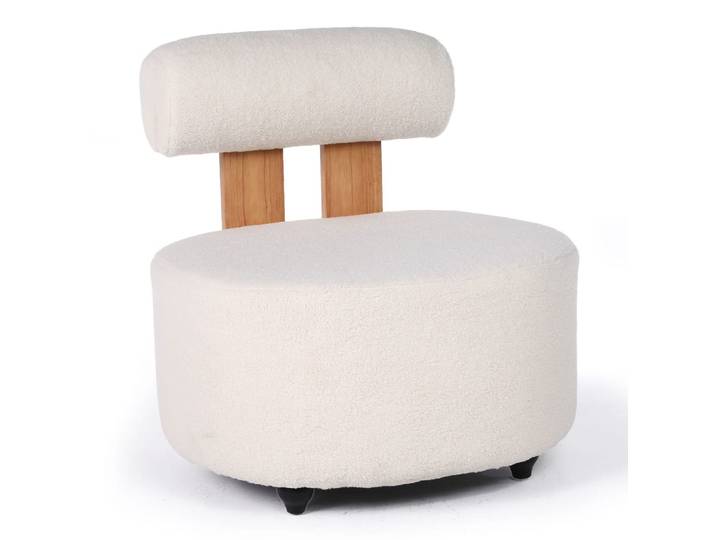 Fauteuil design bois clair et tissu bouclette crème