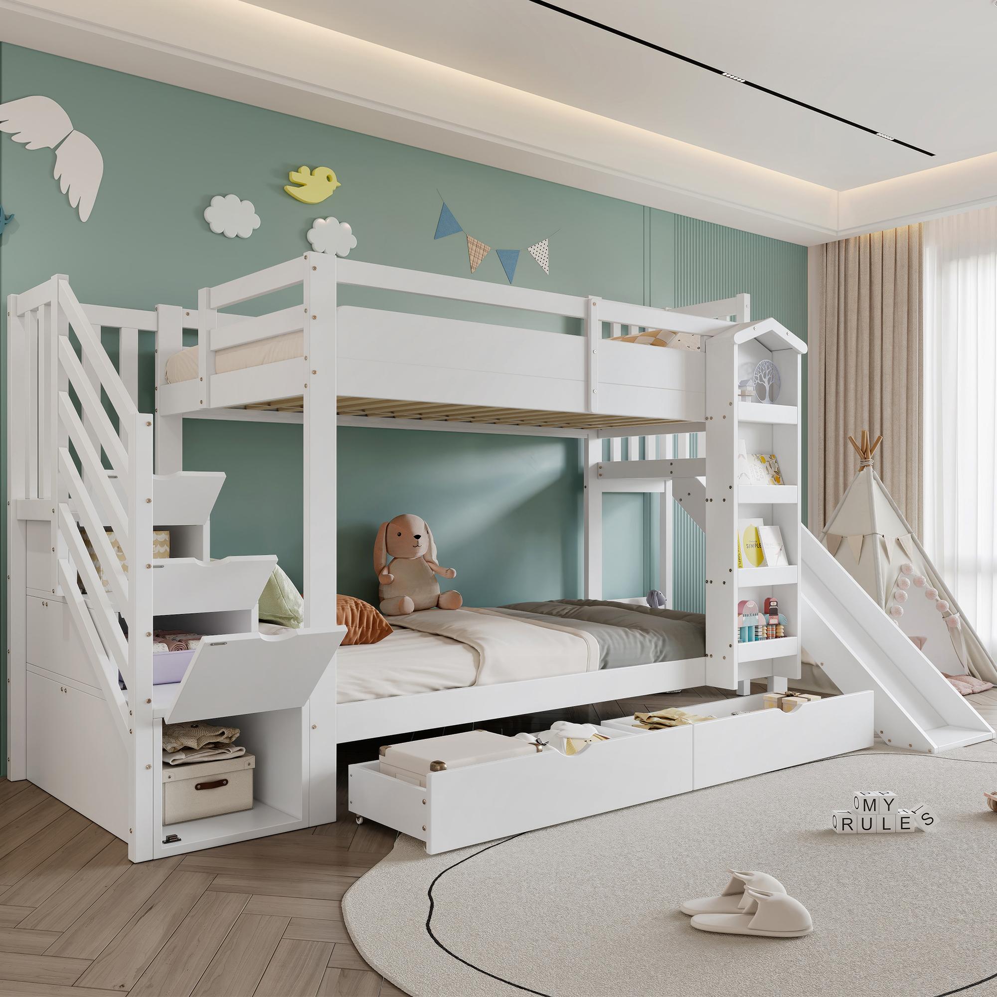 Etagenbett, Bilderbuchregal, 2 Schubladen, Rutsche, Treppenschrank, Kiefer+MDF (White)