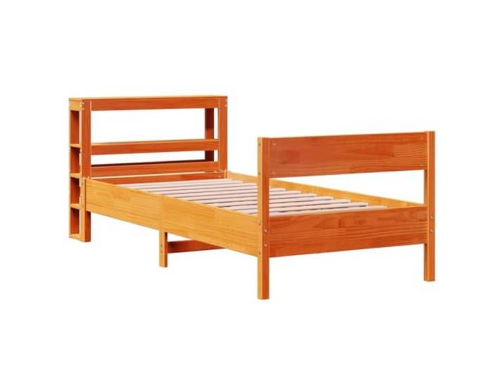 KTHLBRH Bett aus Kiefernholz, braun, gewachst, 75 x 190 cm Mit Ablagen, Lattenrost im Lieferumfang enthalten, Kopfteil mit Ablagen, robuste Struktur