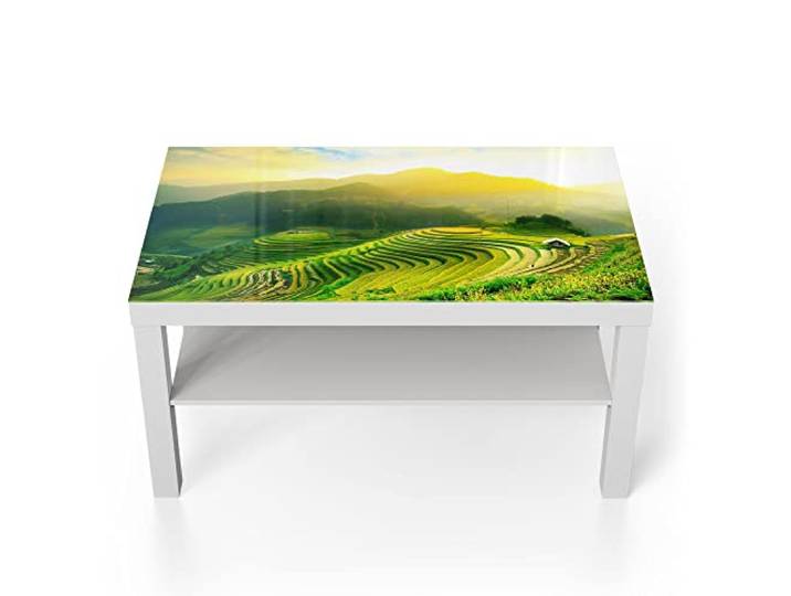 DEQORI Glastisch weiß groß 90x50 cm Motiv Reisfelder Mu Cang Chais ausgefallener Beistelltisch aus Glas Hochglanz Couchtisch fürs Wohnzimmer moderner Couch Tisch mit Design