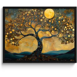 POSTER MIT RAHMEN Baum - Mond - Blumen - Gold - Kunst 80x60 cm